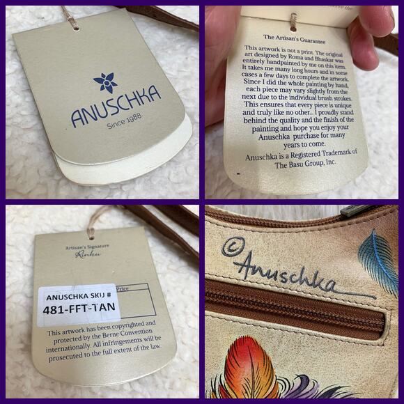 ANUSCHKA Colorful Small Hand Painted Leather "FEATHERS" Zip Top Organizer XBody - Picture 4 of 16